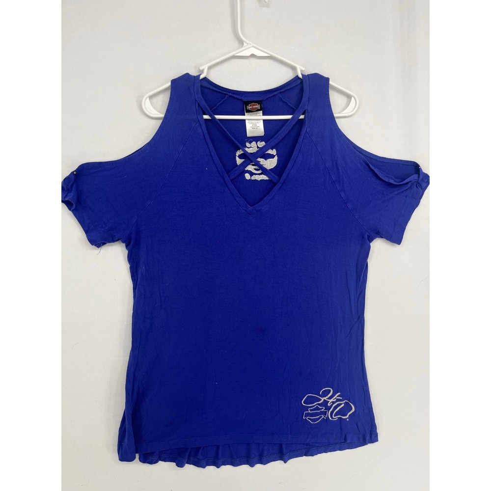 Harley-Davidson Womens XL Blue Cold Shoulder V-Neck Crisscross Graphic T-Shirt